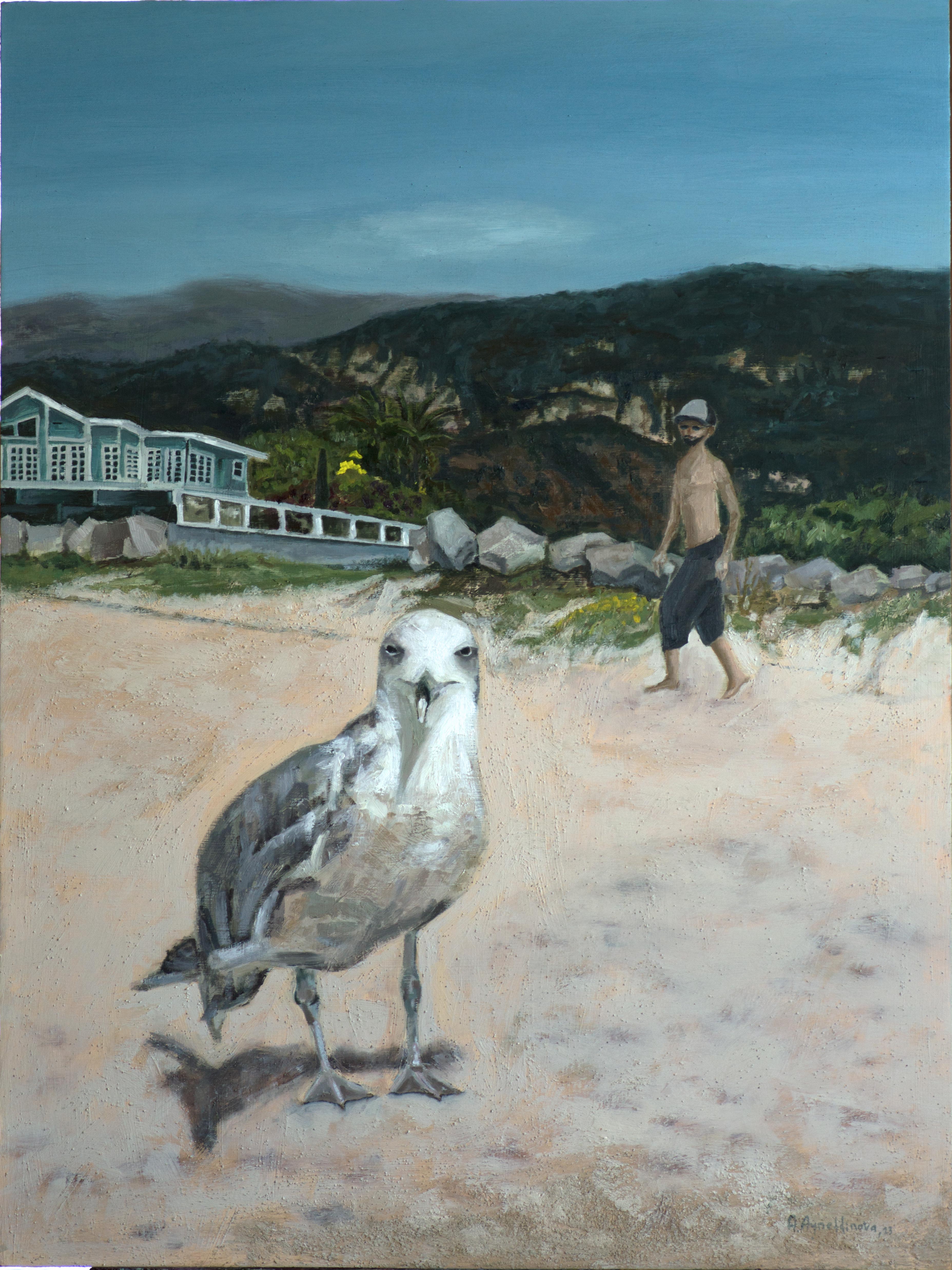 Painting of a seagull on the Beach in California